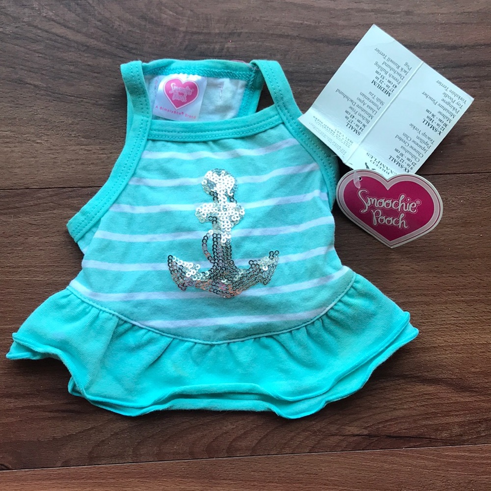 Smoochie Pooch Cyan and White Striped Sequin Anchor Dog Dress, Size XXS